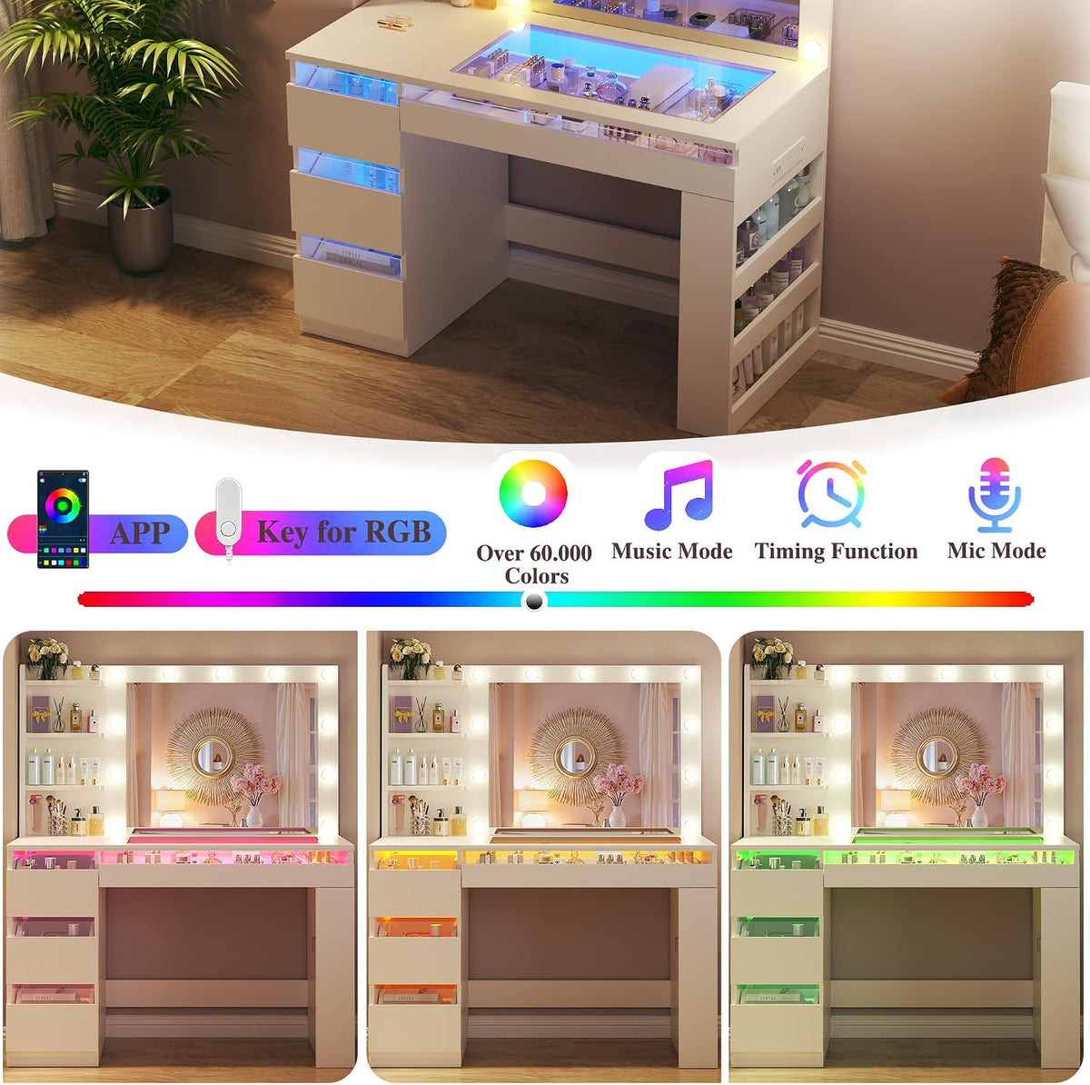 HUAHUU Vanity Desk with Lighted Mirror & Transparent Top, Makeup Vanity Desk with 4 Transparent Drawers and RGB Lighting, Built-in Power Outlet, 3-Tier Side Shelves & Storage Organizer for Bedroom
