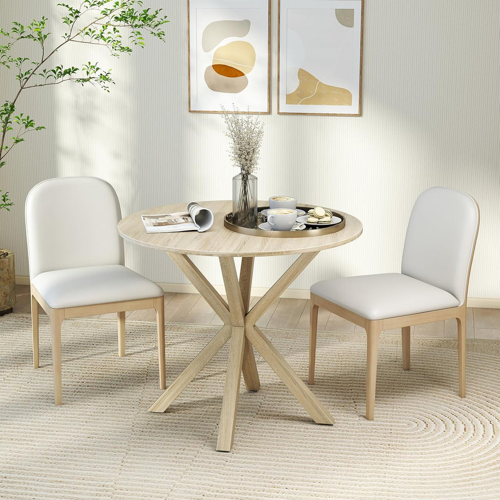 Moccha 36" Round Dining Table for 4 - Rubber Wood Kitchen Table with Intersecting Trestle Legs, Vintage Bar Table, Farmhouse Dining Room Tables for Dinette, Small Space, Restaurant, Bistro (Oak)