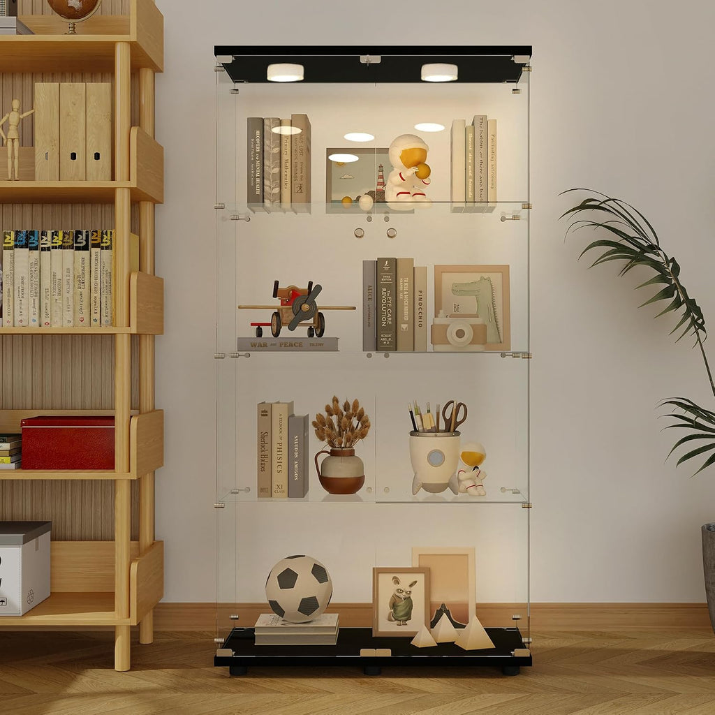 4-Shelf Glass Display Cabinet with LED Lights and Lock,Curio Cabinets Display Case with 2 Door,Tempered Glass Collection Display Showcase for Living Room,Exhibition Hall 64.7"x 32"x 14.4" Black