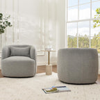 KINWELL 34" Wide Sherpa Swivel Barrel Chairs Set of 2, No Assembly Round Boucle Upholstered Accent Chairs Armchairs Single Sofa Chair with Toss Pillow for Living Room and Bedroom, Gray
