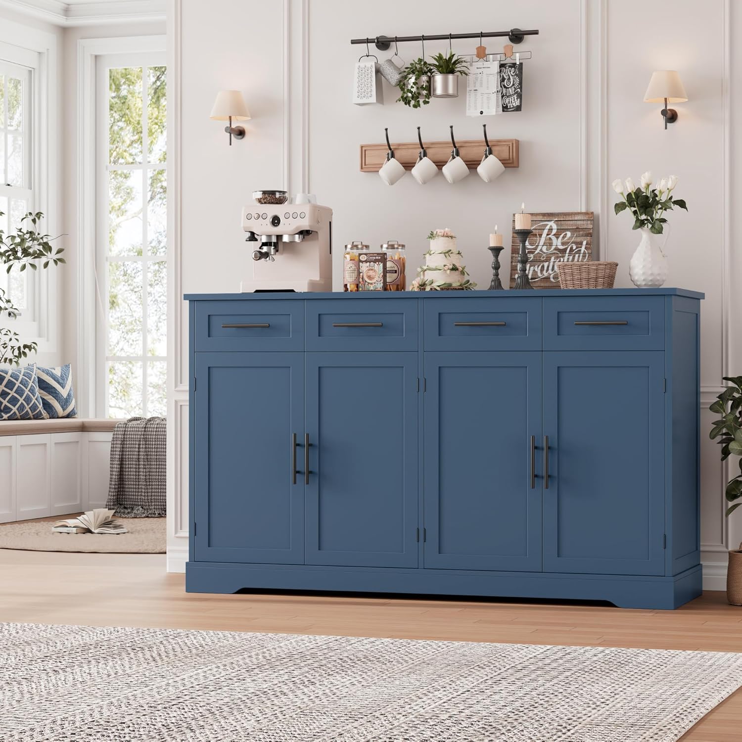 HOSTACK 60" Large Buffet Sideboard with Storage, 36" Tall Kitchen Buffet Storage Cabinet with 4 Drawers, Modern Coffee Bar Cabinet with Black Handles, Long Sideboard Buffet Table for Kichen, Blue