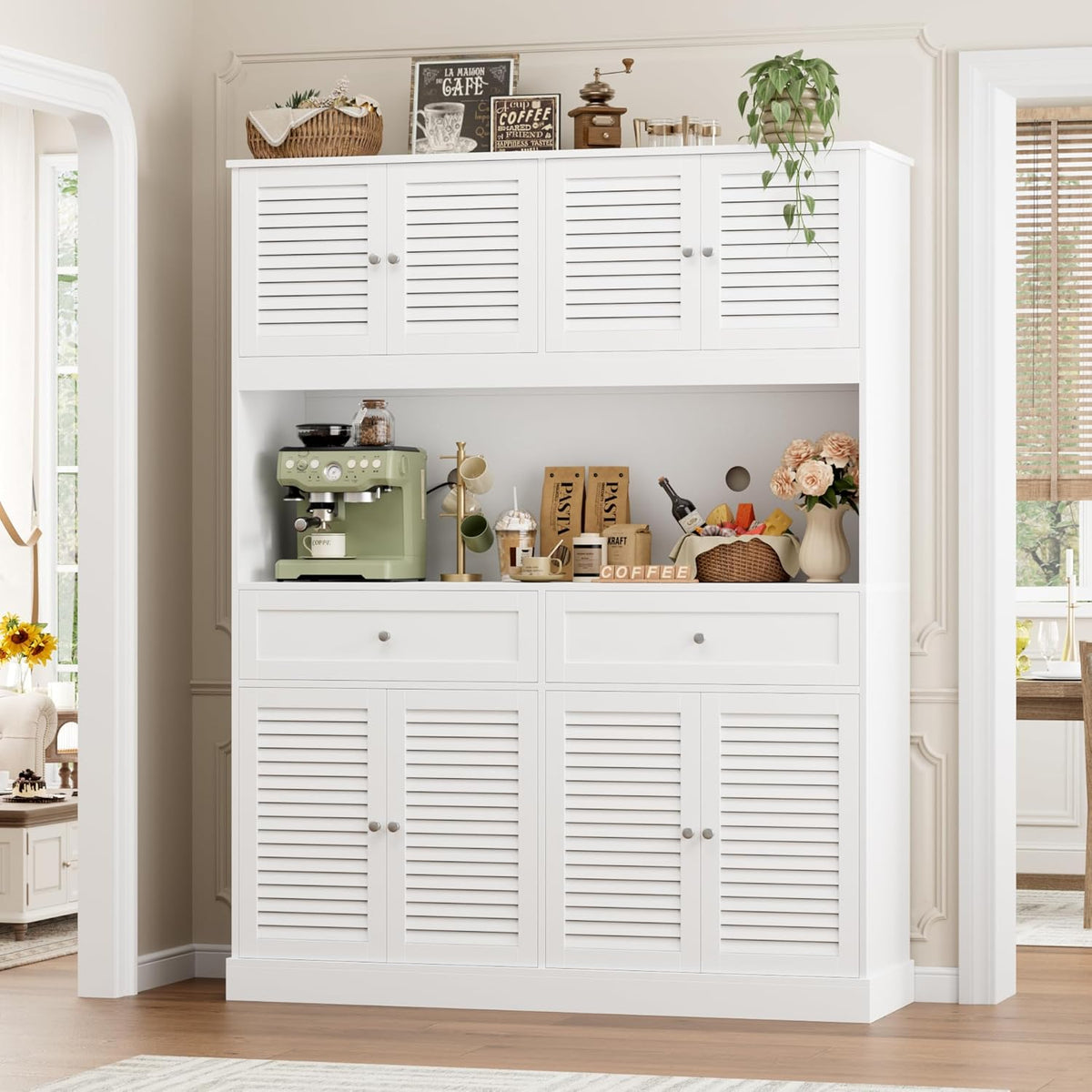 HIFIT 71“HX55“W Large Pantry Cabinet for Food Storage, Farmhouse Kitchen Hutch with Storage Drawers, Tall Kitchen Pantry Cabinet with Microwave Stand for Dining Living Room, White