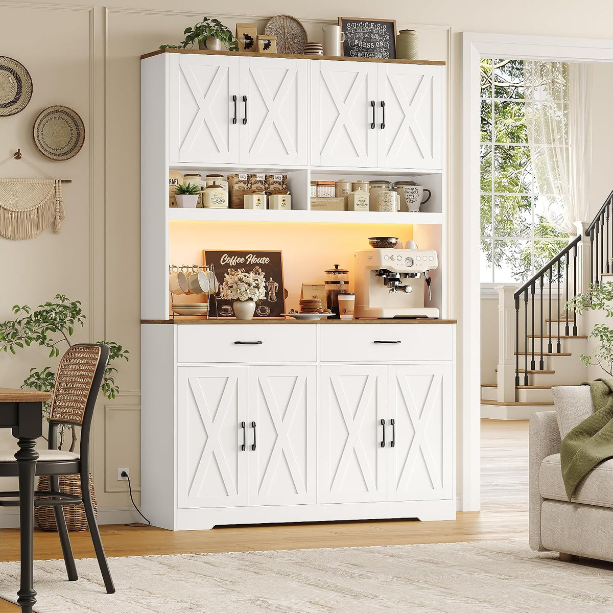 HOSTACK 75" Tall Kitchen Pantry Storage Cabinet, 45" W Hutch Cabinet, White | Farmhouse Pantry Cabinet with Charging Station / LED Lights / Countertop, Wood Kitchen Hutch with 2 Drawers for Dining Room