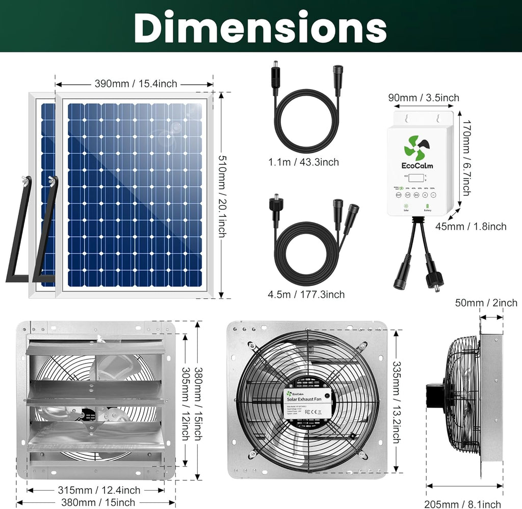 12" Solar Exhaust Fan for Greenhouse with Battery and Adjustable Thermostat, Attic Fans for Garage and Shed with 2PCS 30W Bifacial Solar Panels