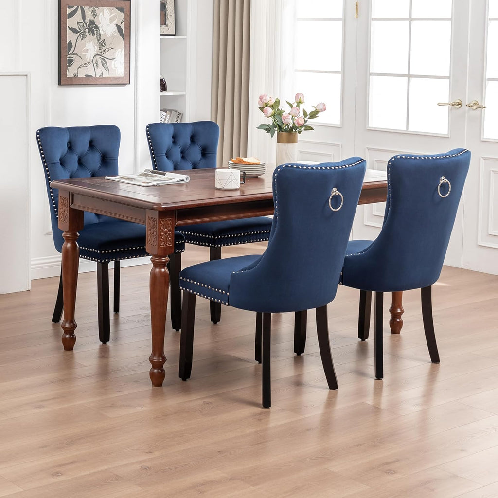 Mid Century Modern Dining Chair Set of 4 Velvet Upholstered Dining Accent Chair Farmhouse Dining Chairs with High Back and Nailhead Trim for Kitchen, Living Room, Bedroom (Blue)