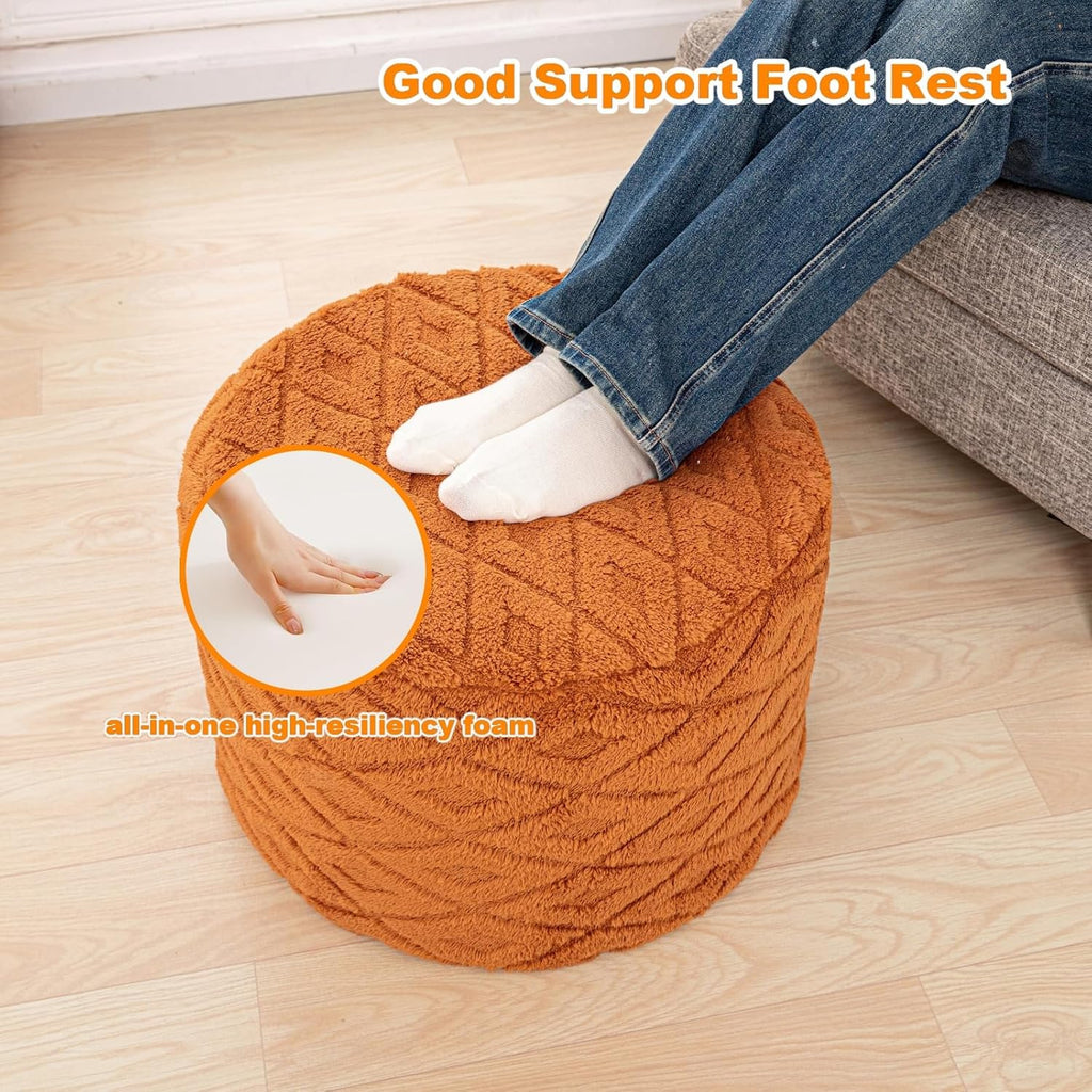Fluffy Round Ottoman Pouf,Foot Stool Ottoman,Foot Rest,Burnt Orange,20x14In | All-in-One Foam Pouf,Ottoman Coffee Table,Couch Footrest,Footrest for Chair,Remov. Cover,Perfect for Living Room,Bedroom Dorm