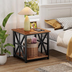 GreenForest Large End Table with X-Shaped Metal Frame for Living Room | Rustic Side Table for Bedroom Office,2-Tier Storage Shelf Nightstand,Scratch-resistant Sofa Table,Walnut,24 inch