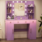 HUANLEGO Vanity Desk with Mirror and Lights, Makeup Vanity with Mirror and LED Lights & Power Outlet, 3 Drawers and Cabinets, 3 Lighting Modes Dressing Table Set for Girls Women Bedroom,Purple