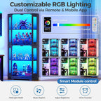 IRONCK 71" Carbon Fiber Corner Glass Display Cabinet, RGB LED Lights with Remote & APP Control, Human Body Sensor, 4-Tier Tempered Glass Display Case with 2 Adjustable Shelves for Collectibles, Black