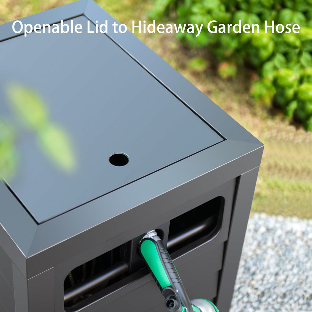 AQUAZILLA Metal Garden Hose Reel Deck box, Durable Steel Garden Hose Storage Box Cabinet, 150ft 5/8" Garden Hose Capacity. - Hose guide Manual Rewind, No-leak aluminum water connections