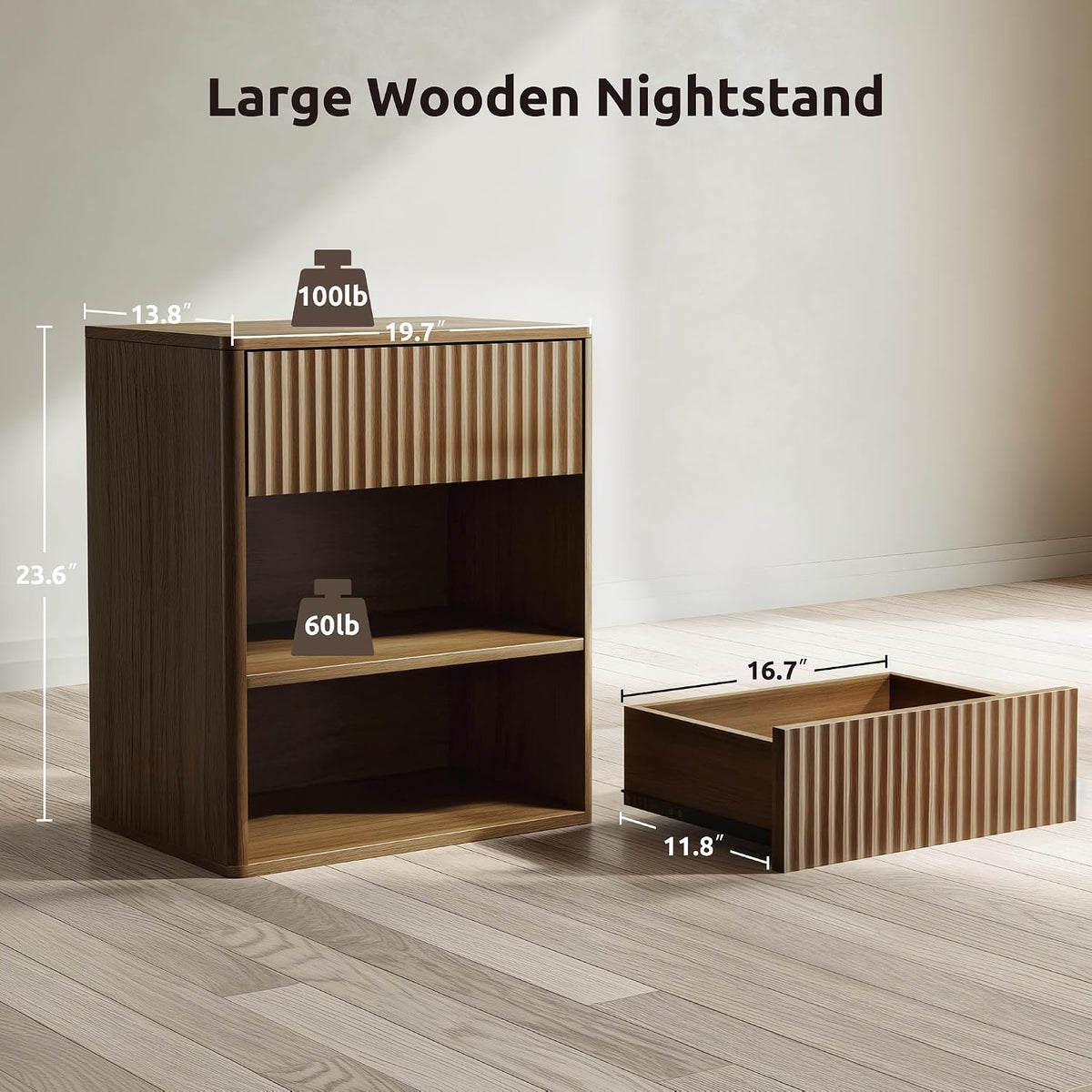 Nightstand Bedside Table Storage Drawer - Large Mid Century Modern Night Stand with Fluted Wood Storage Drawer and Open Shelf Bed Side Table for Bedroom Study Room, Walnut Brown, Set of 1