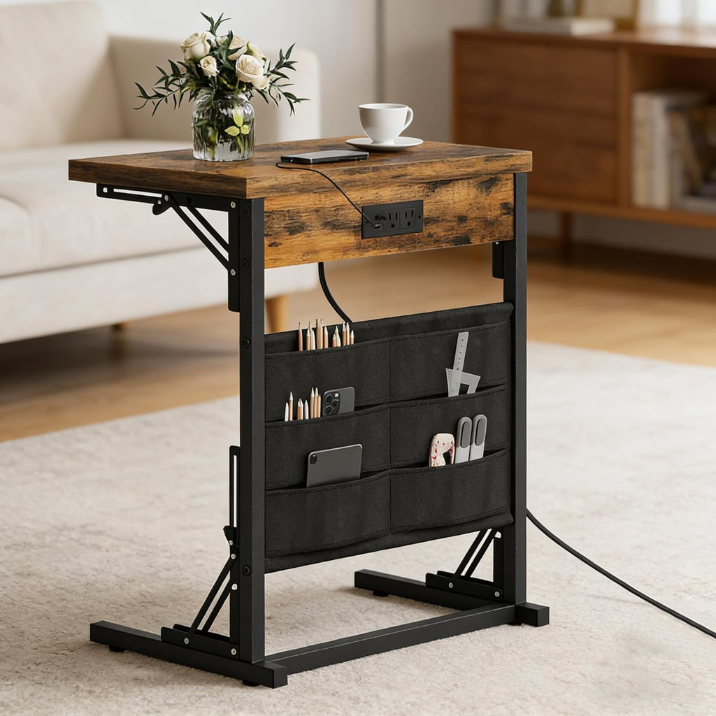 Foldable C-Shaped Table with Charging Station, Folding TV Tray End Table for Small Space, Portable Side Table for Couch, C Table with Storage Bag for Sofa Living Room, Bedroom Rustic Brown SC-005R