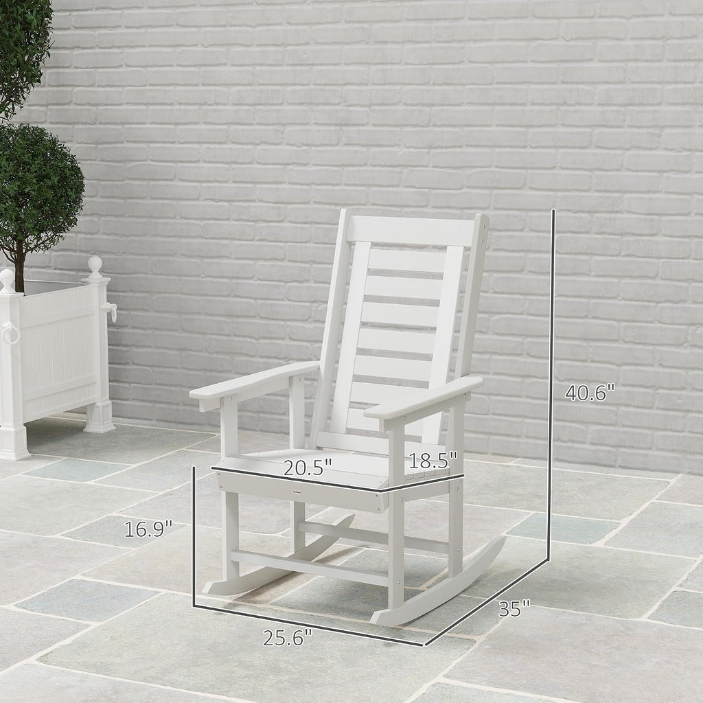 Outsunny Outdoor Rocking Chairs Set of 2 HDPE Patio 28" High Back White | Wide Armrests, All-Weather Slatted Porch Rockers, Garden, Balcony, Fire Pit