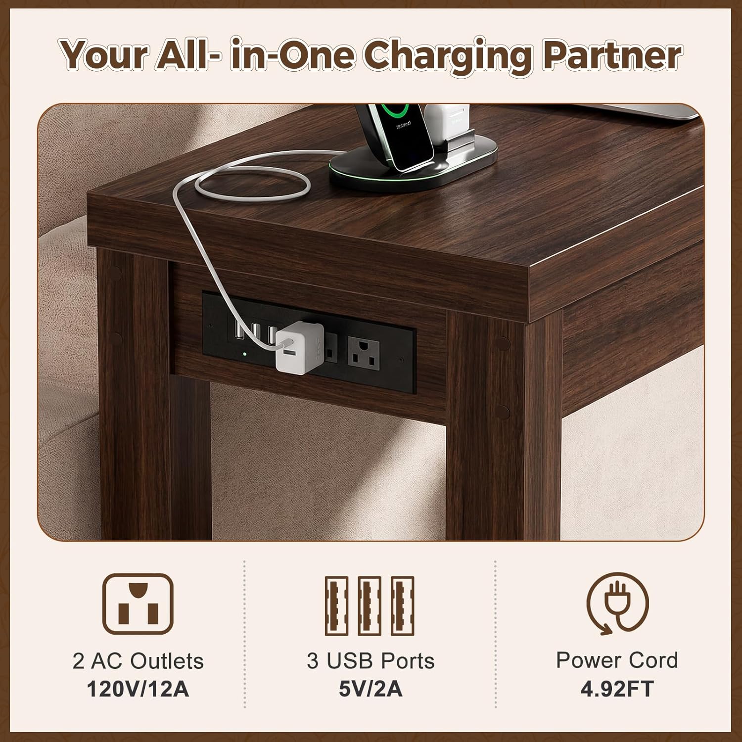 Cyclysio 63" Console Table with Charging Station, 13.8" Deep Farmhouse Sofa Table Behind Couch with 2 AC Outlets & 3 USB Ports, Long Entryway TV Console or Home Office Desk, Black Walnut