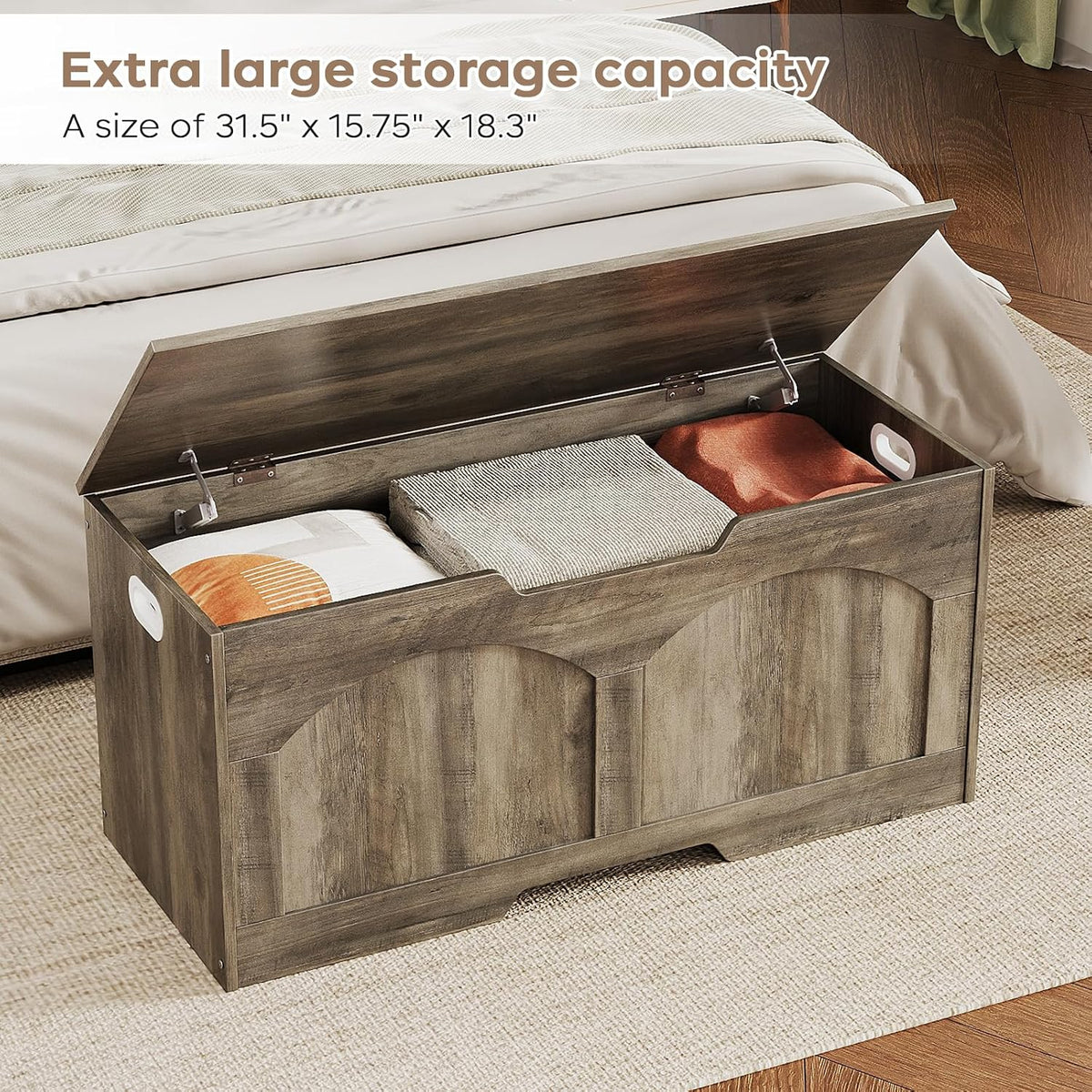 39.4" Storage Chest, Retro Storage Bench, Storage Trunk with 2 Safety Hinges, Large Entryway Bench Box, 39.4 x 15.7 x 18.3 Inches, U-Shaped Opening for Entryway Hallway Living Room, Light Greige