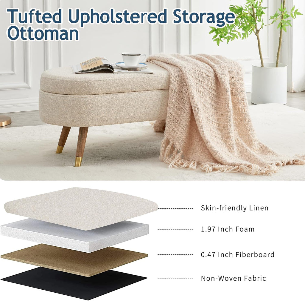 IAFIKE Oval Storage Bench 43.5" Ottoman Bench Upholstered Boucle Fabric Footrest Bench with Golden Metal Legs End of Bed for Bedroom, Living Room, Entryway,Bed Side (Beige)