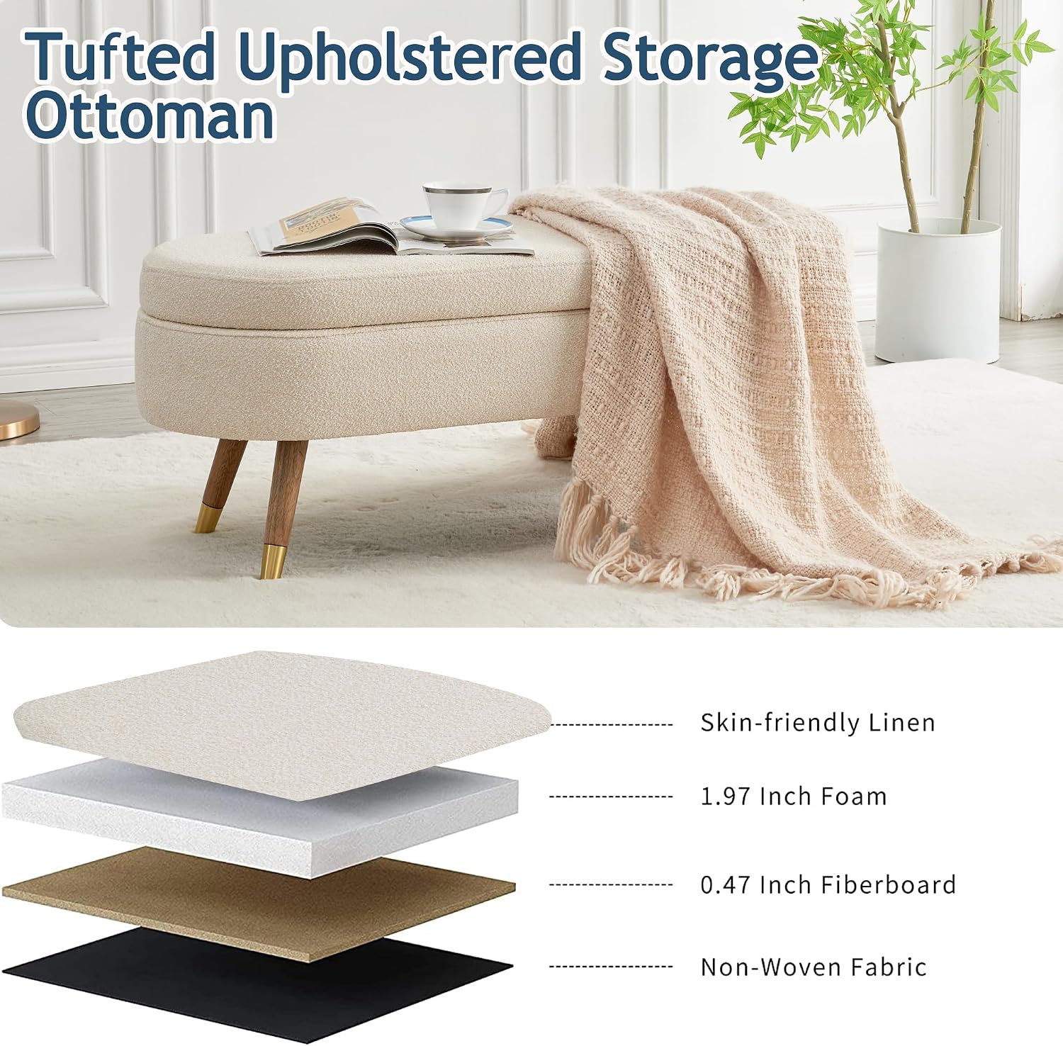 IAFIKE Oval Storage Bench 43.5" Ottoman Bench Upholstered Boucle Fabric Footrest Bench with Golden Metal Legs End of Bed for Bedroom, Living Room, Entryway,Bed Side (Beige)