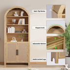 Janmer Home 71" Tall Boho Rattan Arched Bookcase with Doors, Natural
