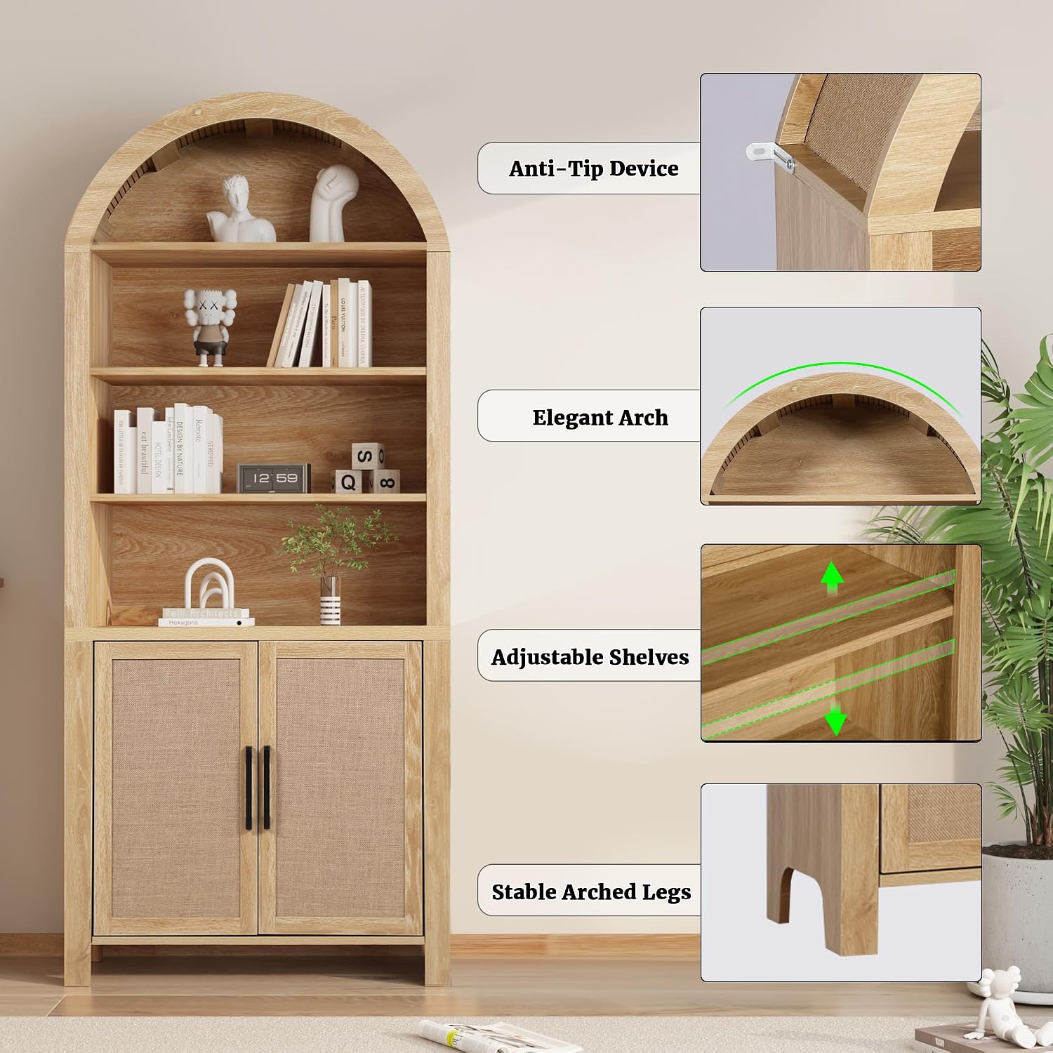 Janmer Home 71" Tall Boho Rattan Arched Bookcase with Doors, Natural