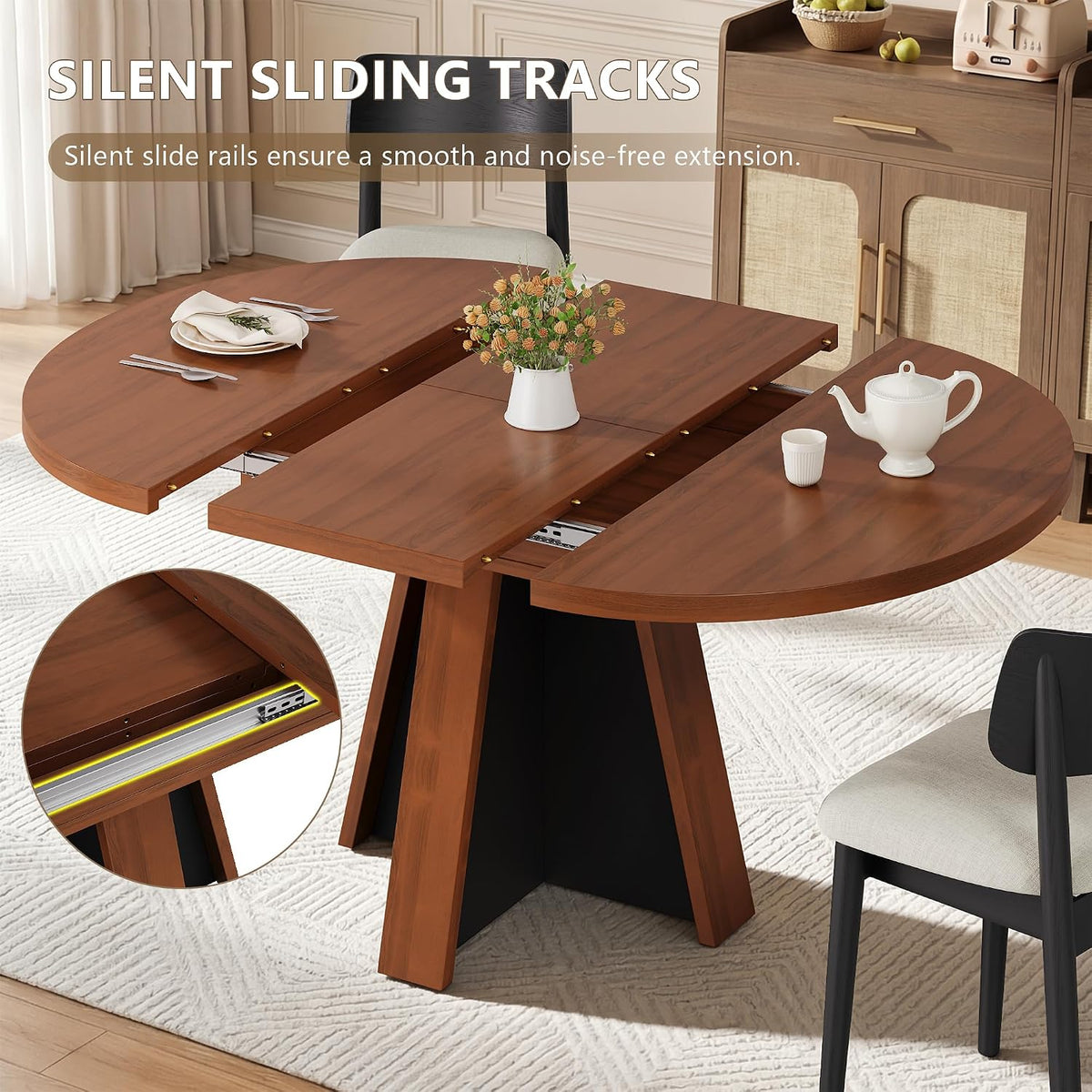 Einhomn 43"-59" Extendable Dining Room Table for 4-8 People, Oval Dining Table with Removable Leaves Space Saving, Round Expandable Kitchen Table for Dining Room Kitchen Living Room, Walnut