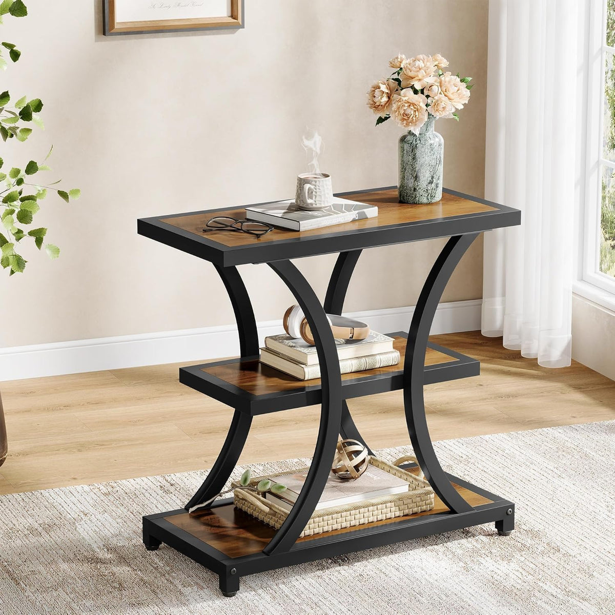 Tribesigns End Table with Storage, 3-Tier Side Table with Geometric Metal Design, Industrial Nightstand for Small Spaces, Living Room, Bedroom, Study Room (Rustic Brown)