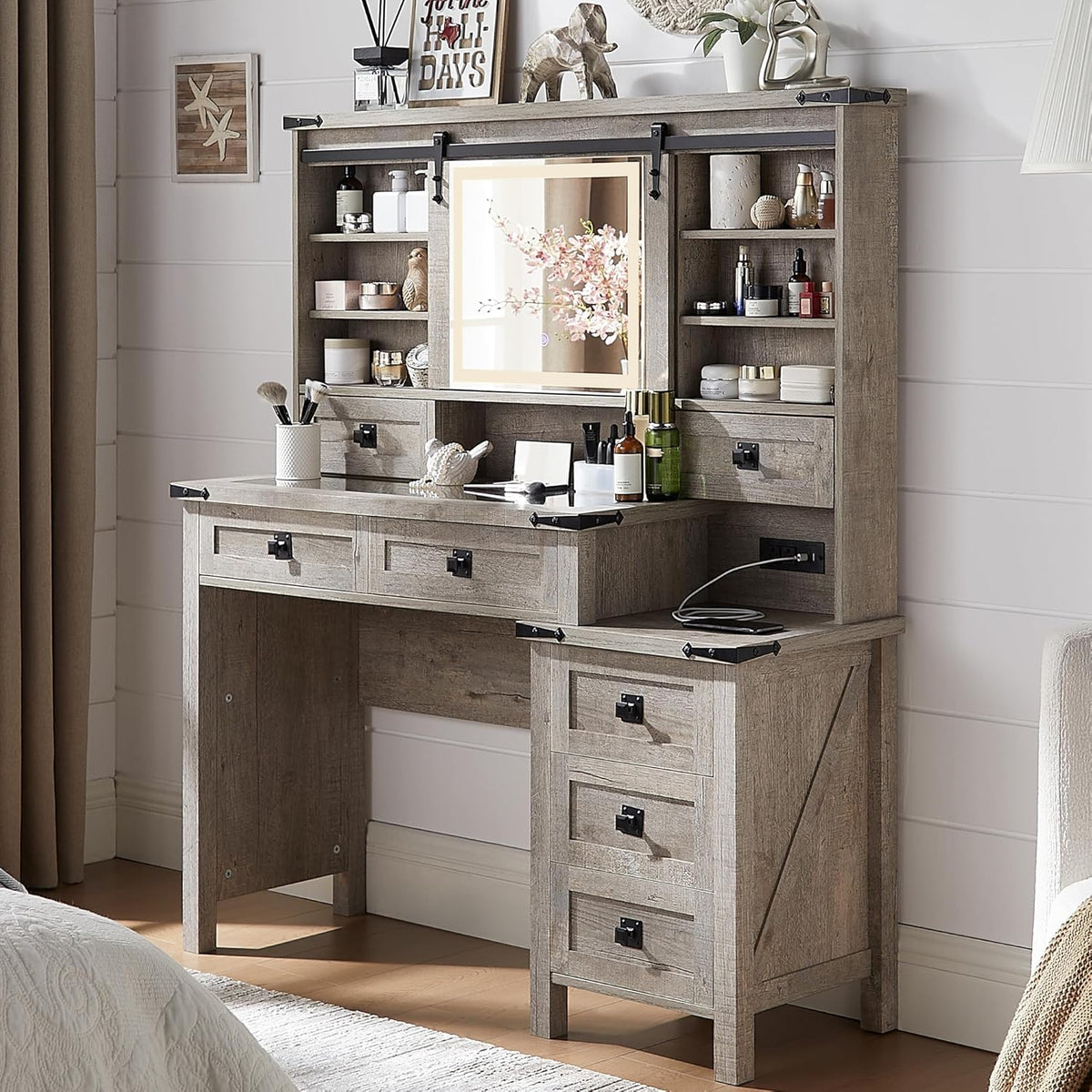 T4TREAM 48'' Farmhouse Makeup Vanity Desk with Sliding HD Mirror and Lights, Big Modern Lighted Vanity Table with 7 Drawers & Shelves, Rustic Large Dressing Table for Bedroom, Light Rustic Oak