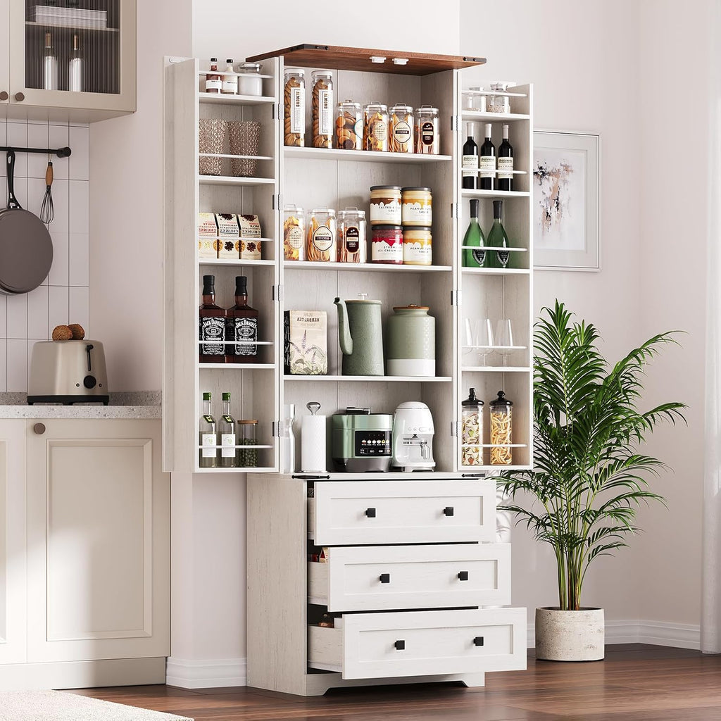 72'' Tall Kitchen Pantry Cabinet, Freestanding Tall Cupboard Storage Cabinet with 2 Barn Doors & 3 Drawers, Adjustable Shelves, Large Farmhouse Pantries for Living Room, Dining Room
