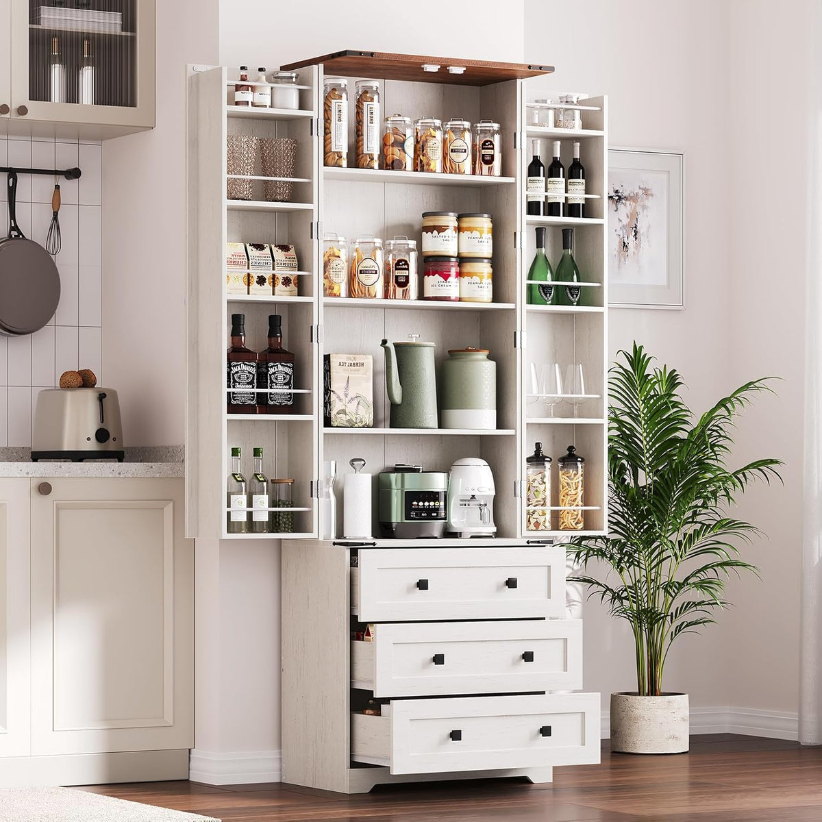 72'' Tall Kitchen Pantry Cabinet, Freestanding Tall Cupboard Storage Cabinet with 2 Barn Doors & 3 Drawers, Adjustable Shelves, Large Farmhouse Pantries for Living Room, Dining Room