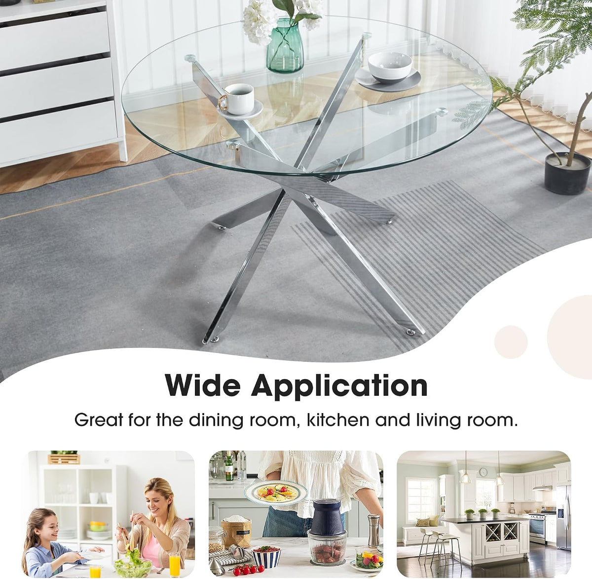 Round Glass Dining Table Set for 4, Small Kitchen Table Set for 4, 47" Round Glass Table and Chairs Set of 4, 5 Piece Round Dining Room Table Set with Grey Velvet Chairs for Breakfast Dinette Cafe