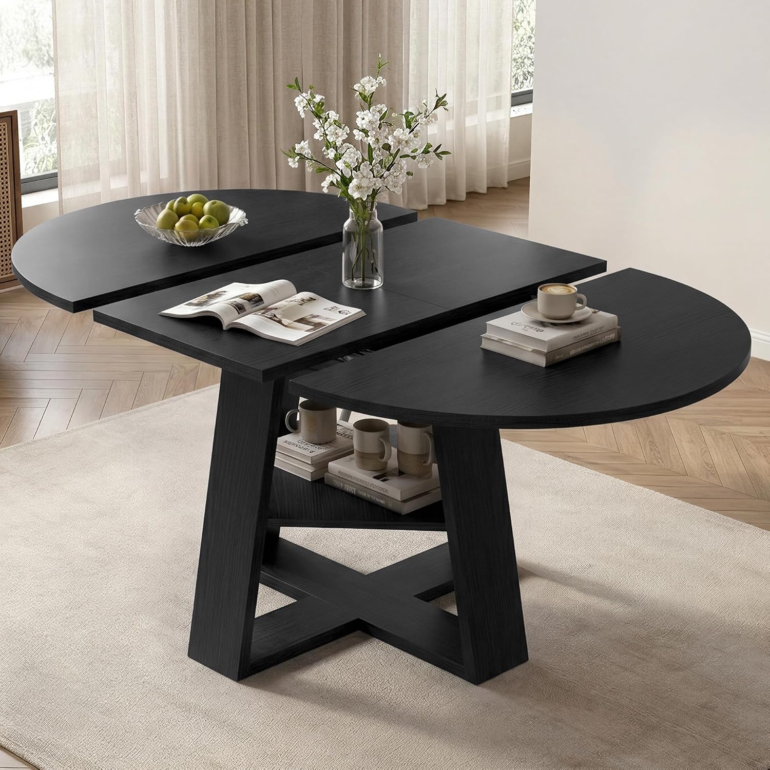 Miereirl Round to Oval Dining Table Set for 4-6, Expandable Kitchen Table with Upholstered Chairs, Dining Room Furniture Set with Hidden Storage Shelf, Space-Saving Dining Set for Apartment
