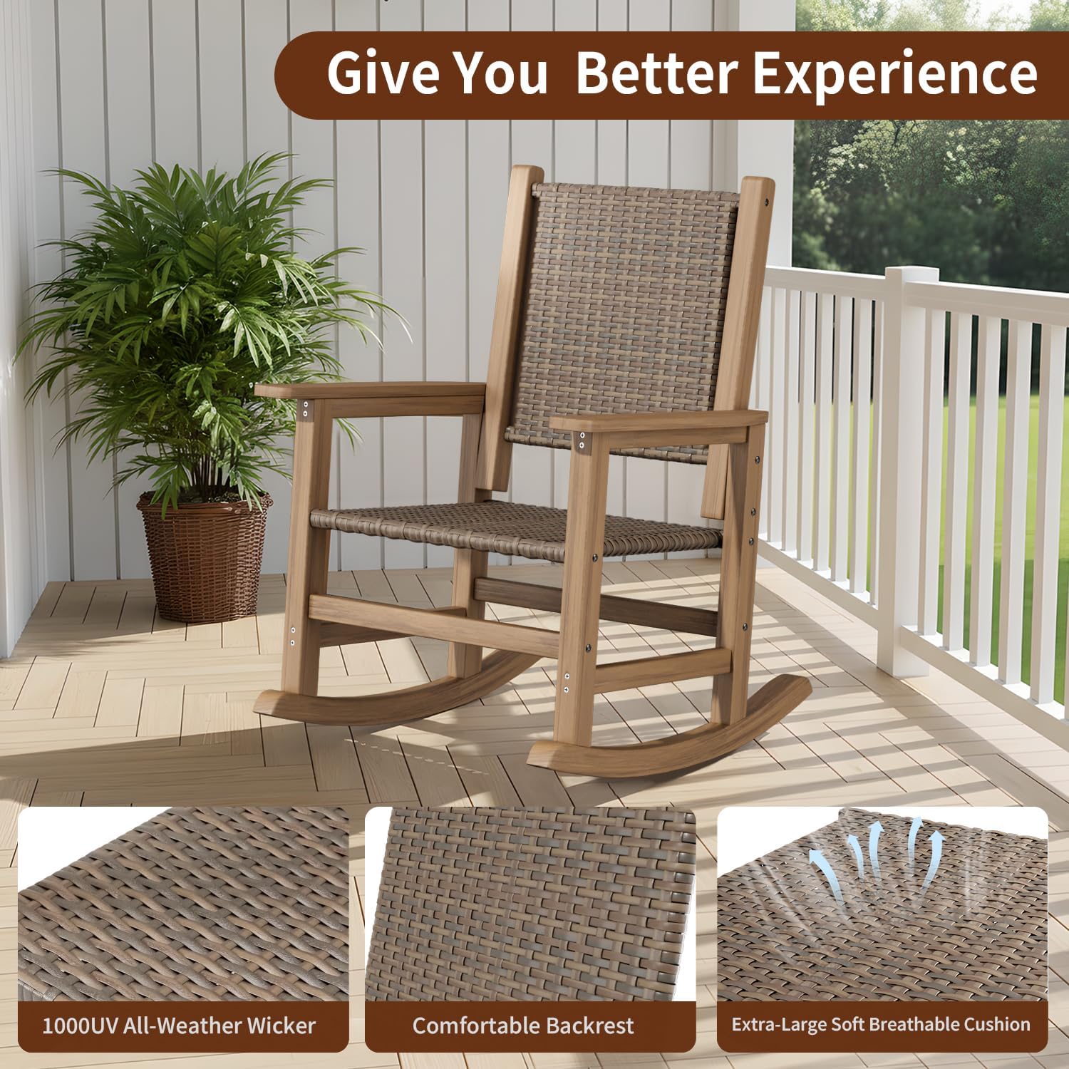HDPE Outdoor Rocking Chair Set of 2, Wicker Patio Rocking Chair for Adult, All Weather Rocking Chair Outdoor for Porch, Garden, Lawn, and Balcony (Brown)