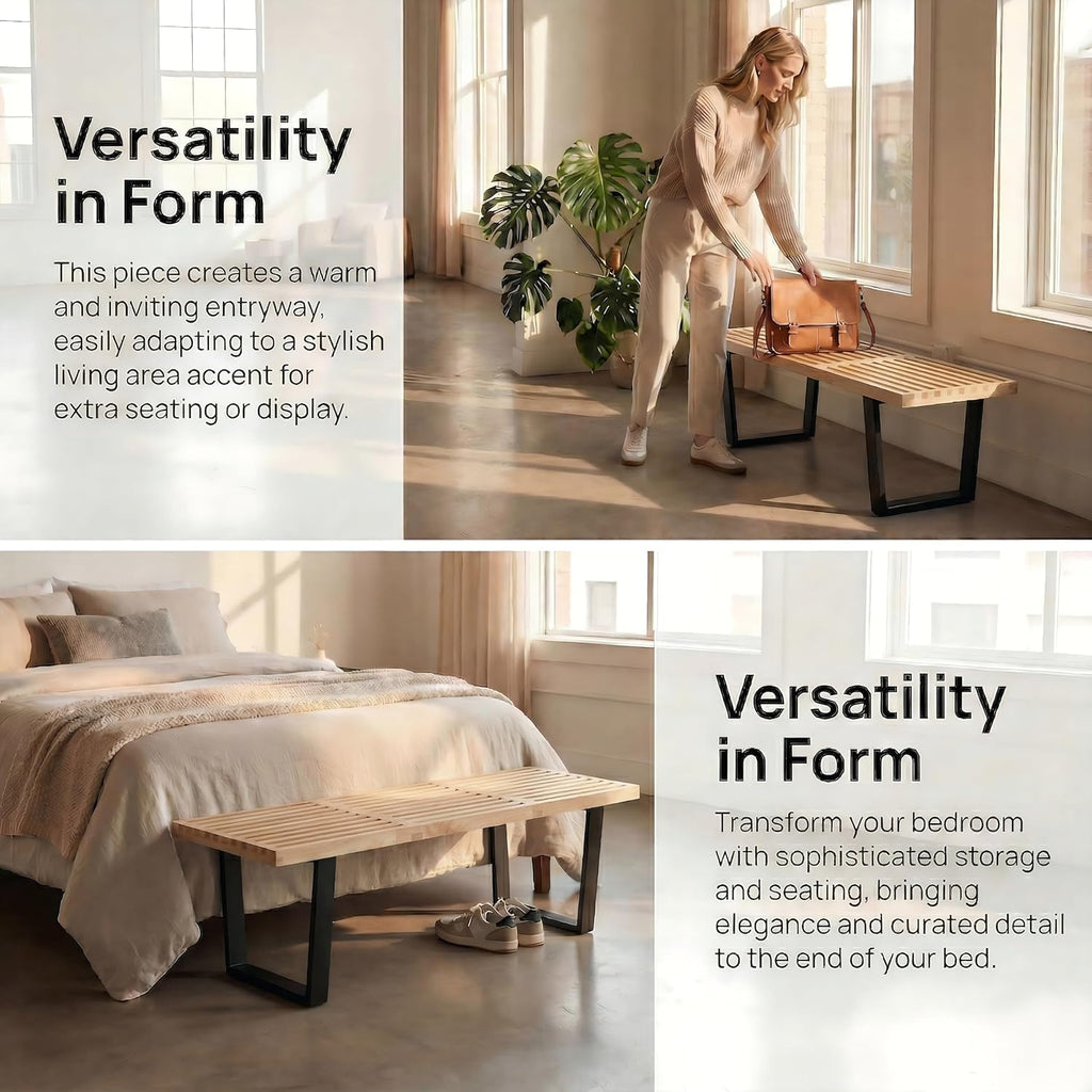 HNY Modern Entryway Bench Wood Dining Bench Minimalist Nelson Bench with Metal Legs for Bedroom Dining Room Hallway Foyer Living Room, Natural Finish