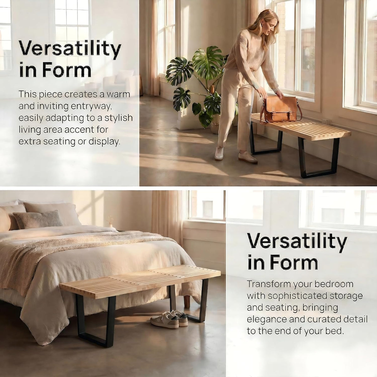 HNY Modern Entryway Bench Wood Dining Bench Minimalist Nelson Bench with Metal Legs for Bedroom Dining Room Hallway Foyer Living Room, Natural Finish