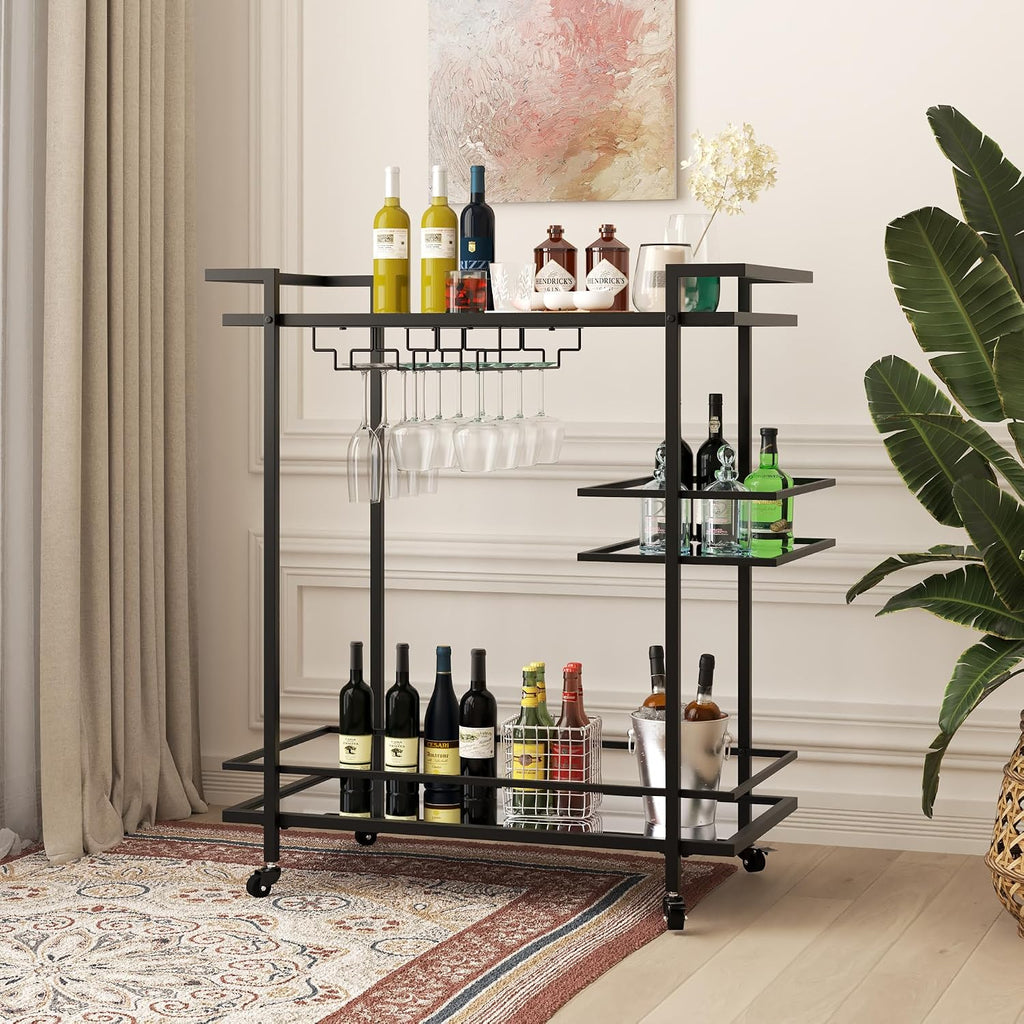 RiteSune Black Bar Carts for The Home, Wine Cart with Wheels | 3 Tier Home Serving Bar Cart Drink Cart with Mirror Shelves for Living Room, Party (28.5" D x 15" W x 32" H)