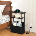 Yusong Narrow Side Table for Small Spaces, Skinny Charging End Table with Storage Basket, 3 Tier Slim Sofa Couch Bedside Table, Thin Nightstand for Bedroom, Living Room, Black