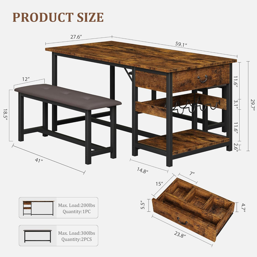 CABIHOME Dining Table Set for 4, Dining Room Table with Storage Drawers & Wine Rack, Kitchen Dining Table Set with Upholstered Benches for Dining Room-Retro Brown
