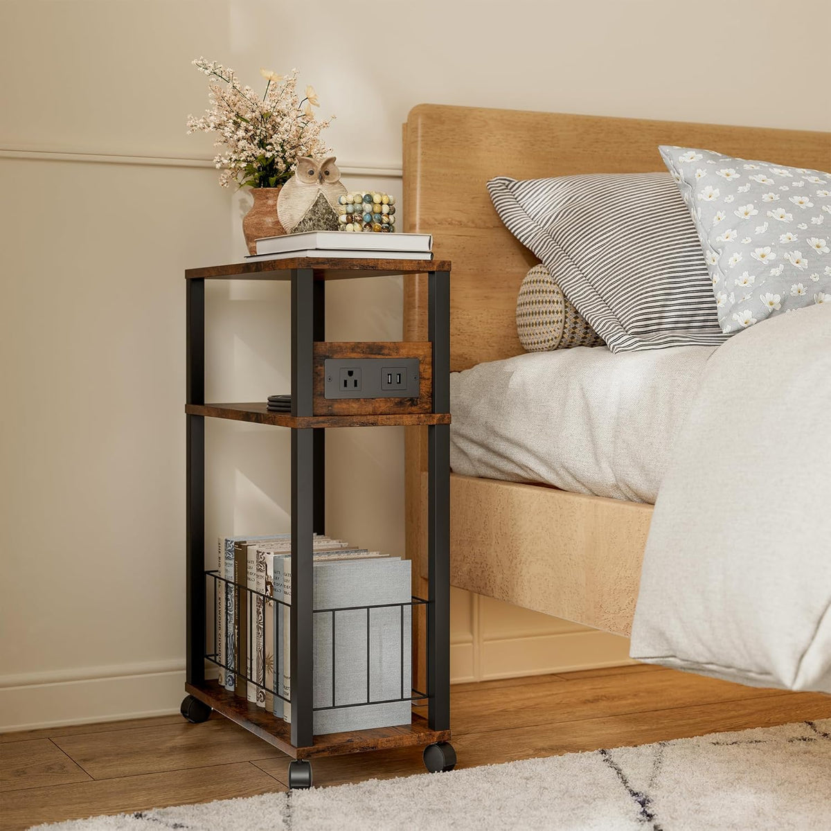 DGSANDGO Narrow Rolling Side Table with Charging Station (Outlets/USB Ports) & Storage Basket - Small Space End Table for Living Room Bedroom Office (Rustic Brown)