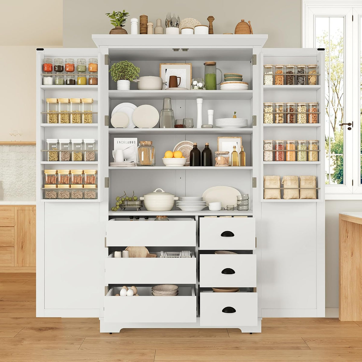 72''H Farmhouse Kitchen Pantry Cabinet, Freestanding Kitchen Pantry with Door Shelves, Adjustable Shelves, and 6 Drawers, Large Cupboard for Dining Room Living Room, White