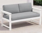 SERWALL HDPE Outdoor Loveseat with Cushions, All Weather Use Outdoor Loveseat Sofa, White Frame/Grey Cushion