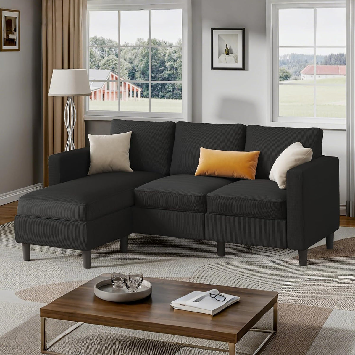 Shintenchi Modern Upholstered Sectional Sofa, L-Shaped Couch with Movable Ottoman and Reversible Chaise for Living Room, Black Corduroy Fabric