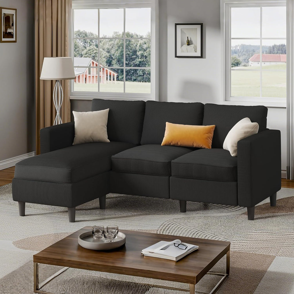 Shintenchi L Shaped Sectional Sofa Couch,Convertible Modular Sofas with Movable Ottoman,3-Seat Upholstered Corduroy Couch,Small Couches for Living Room,Apartment,Office(Black)