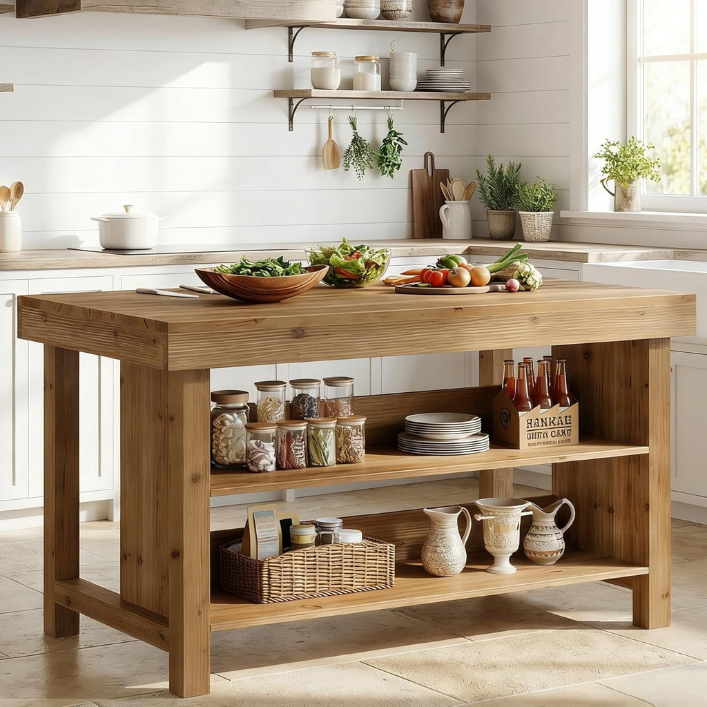 55" Solid Wood Kitchen Island with Storage, Farmhouse Kitchen Island Table with 3-Tier Open Shelves and Large Countertop for Kitchen, Dining & Living Room, Oak