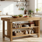 55" Solid Wood Kitchen Island with Storage, Farmhouse Kitchen Island Table with 3-Tier Open Shelves and Large Countertop for Kitchen, Dining & Living Room, Oak