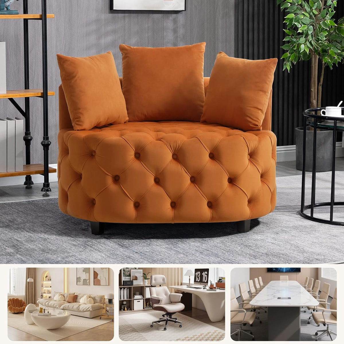 mikibama Round Barrel Accent Chair, Oversized Upholstered Sofa, Velvet High-Resilience Sponge Sofa Chair for Living Room, Bedroom, Apartment