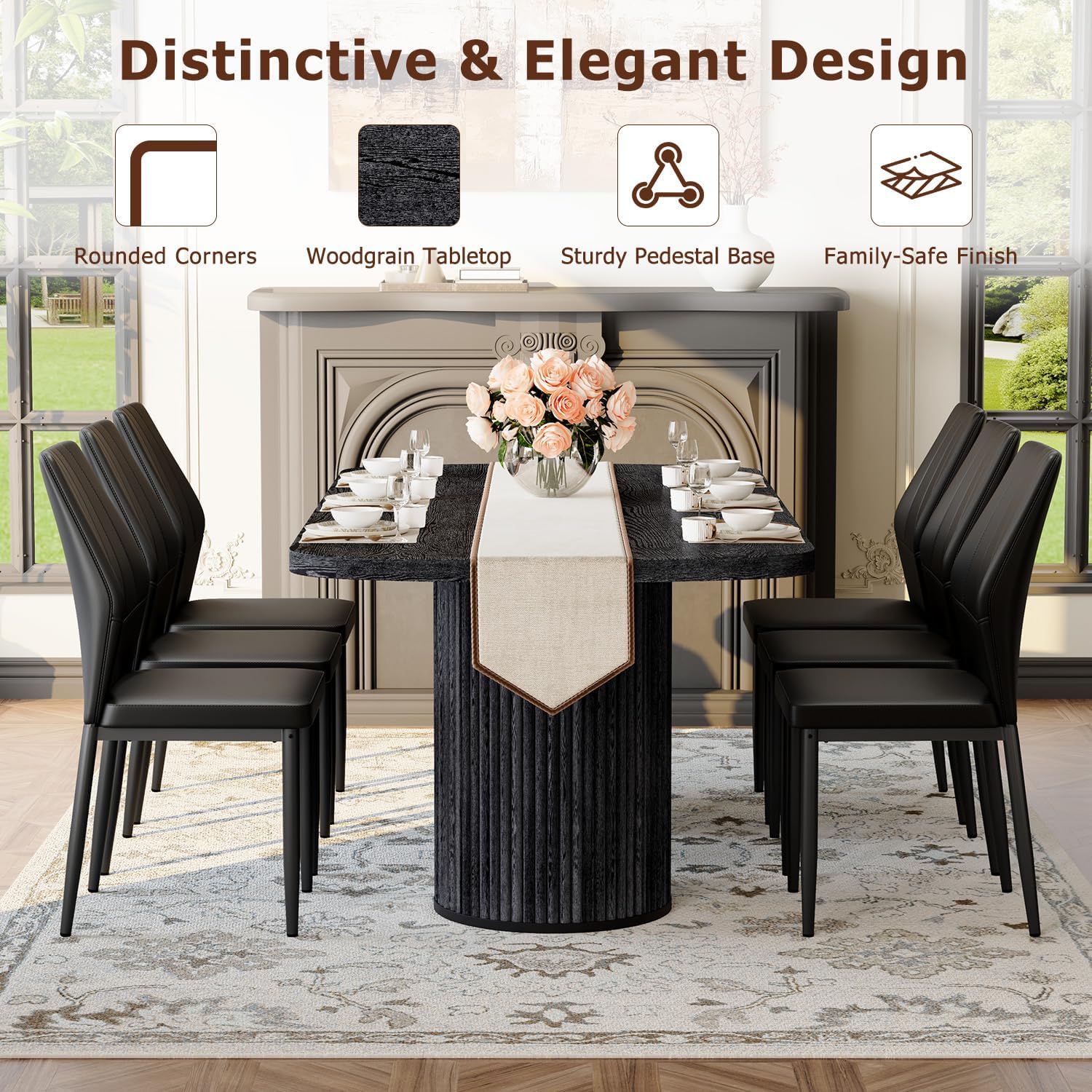 79" Black Dining Table Set for 10,Large Dining Room Table Set for 10 with Fluted Double Pedestal Base & Cushioned Chairs,Modern Luxe Rectangular Wood Kitchen Table Set for Family Gatherings