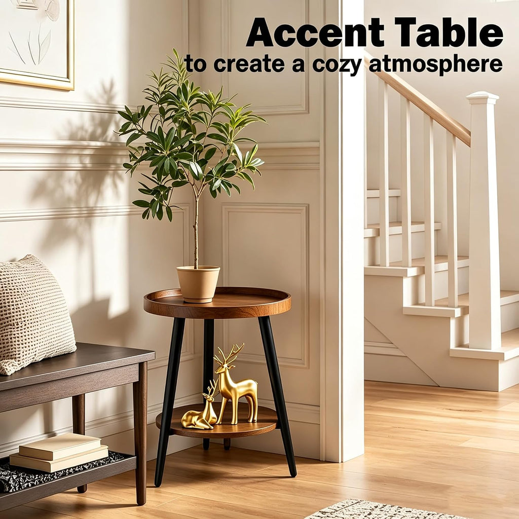 Small Round Side Table, 2-Tier Mid Century Modern Side Table, Round End Table Small End Table for Living Room, Metal Frames, Brown