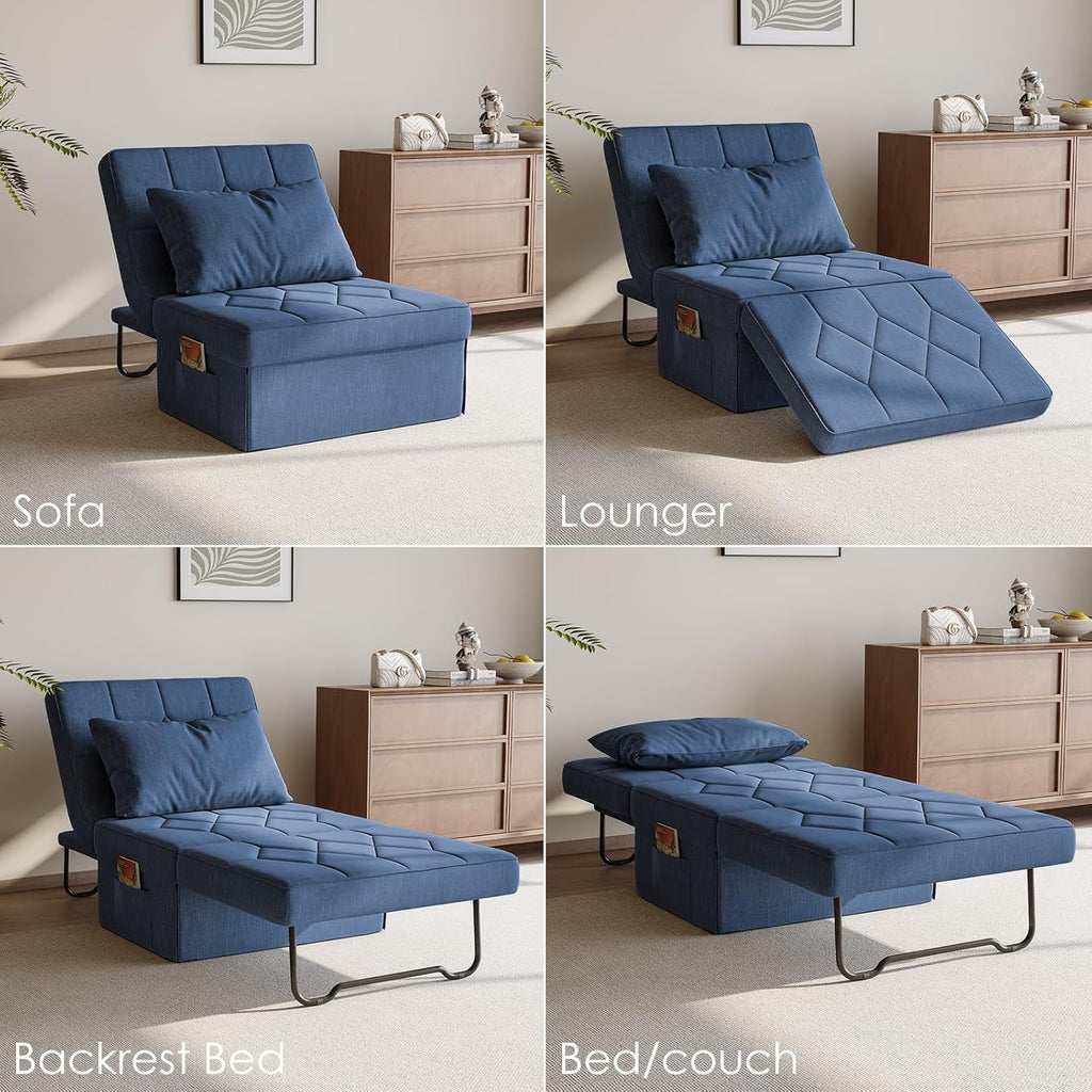 28" Folding Sofa Bed with 5-Level Adjustable Backrest, Navy Blue | 4-in-1 Convertible Sleeper Chair Bed, Modern Single Futon Couch, Ottoman Bed for Living Room, Apartment, Dorm & Small Space