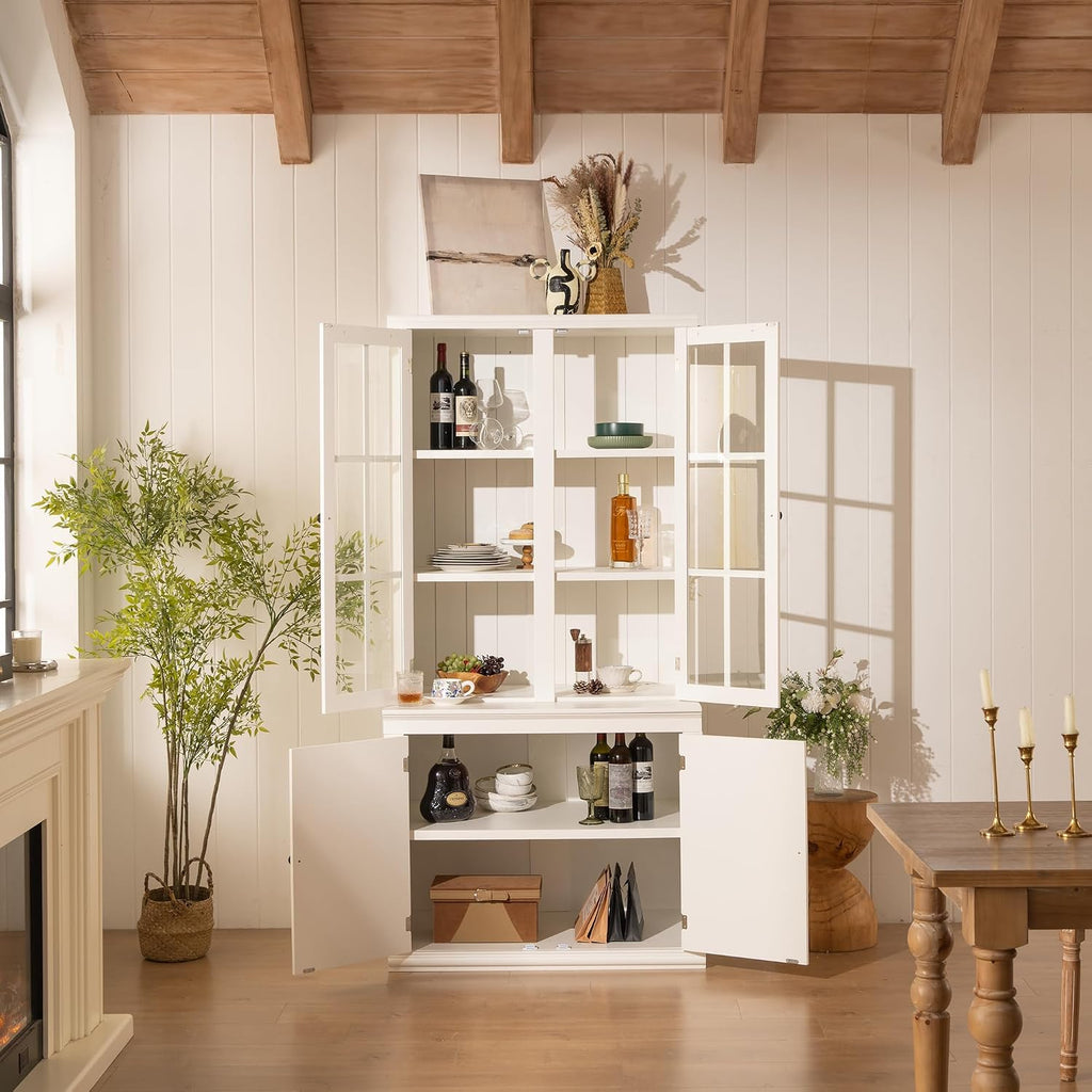 roomfitters 75.25'' Pantry Cabinet with Glass Door, Farmhouse Hutch Display Cabinet with Storage for Kitchen and Living Room, White