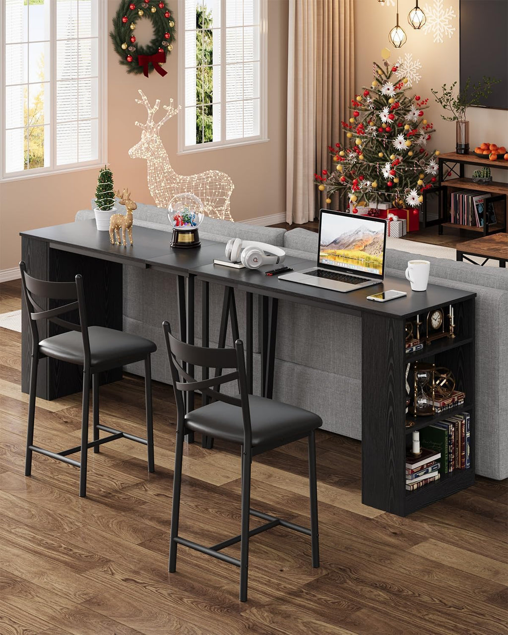 GAOMON 3 Piece Bar Table Set for 2, Bar Table and Chairs Set with with Flip Top Extension, Dining Table Set with Storage Shelves, Suitable for Small Space Kitchen Apartment, Black