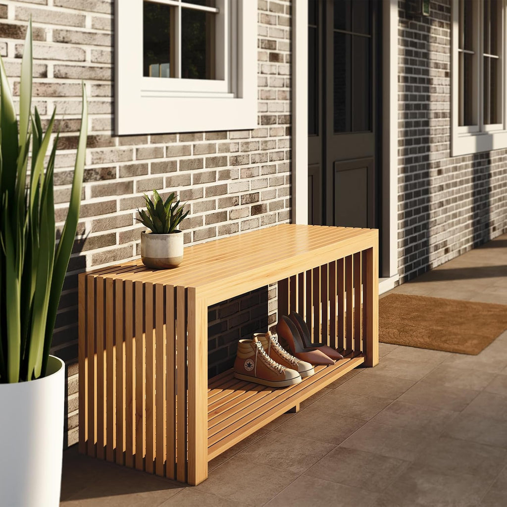 Bamboo Bench with Shelf, 35-in Entryway Bench Seat for Indoor, Natural | shoe bench for entryway, hallway, doorway, modern benches for end of bed bench, low bench for window
